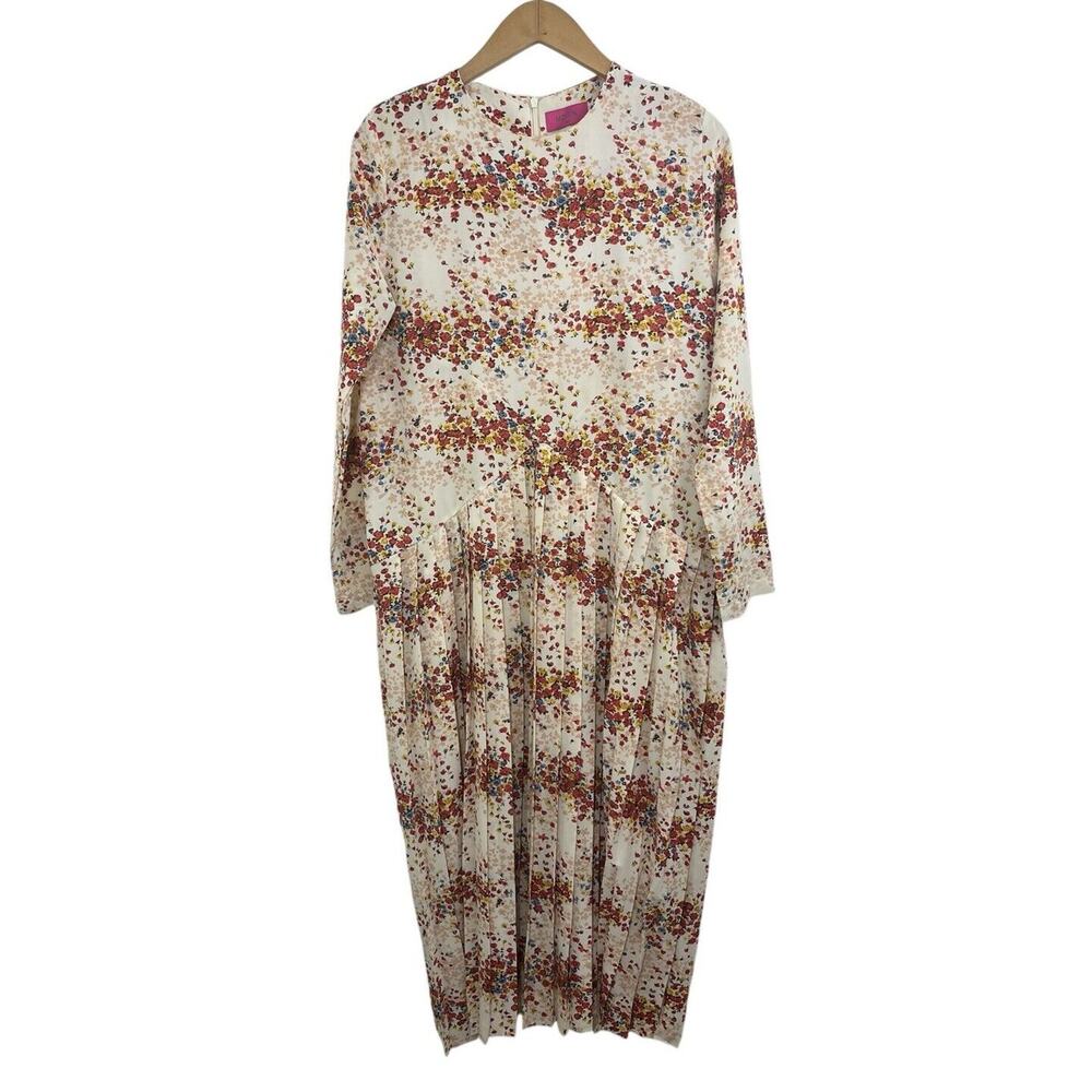 MDRN Balfour Pleated Floral Dress Long Sleeve Drop Waist Tea Length Roses Small